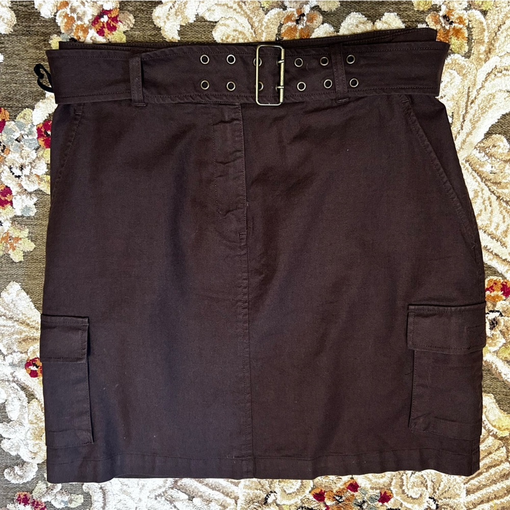 Jones New York Brown Denim Belted Cargo Front & Side Pocket Skirt
